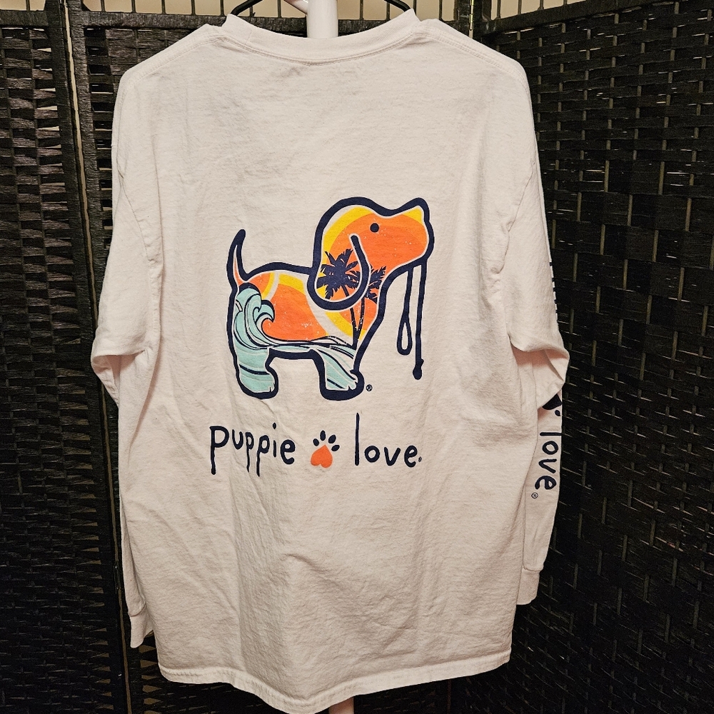 Puppie Love White Beach Surf Waves Long Sleeve T Shirt - Picture 3 of 5
